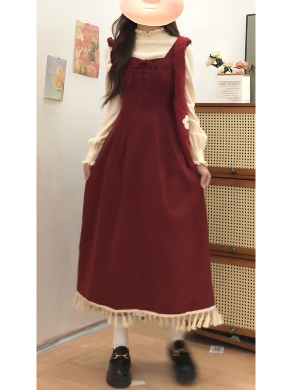 Elegant Red Tassel Vest Dress  – Winter Clothing Layers recenzja i cena