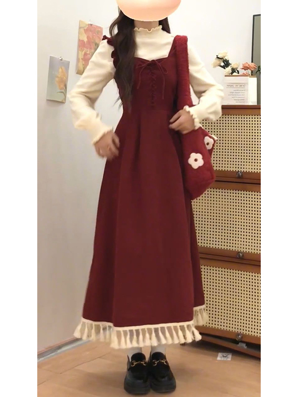 Elegant Red Tassel Vest Dress  – Winter Clothing Layers recenzja i cena